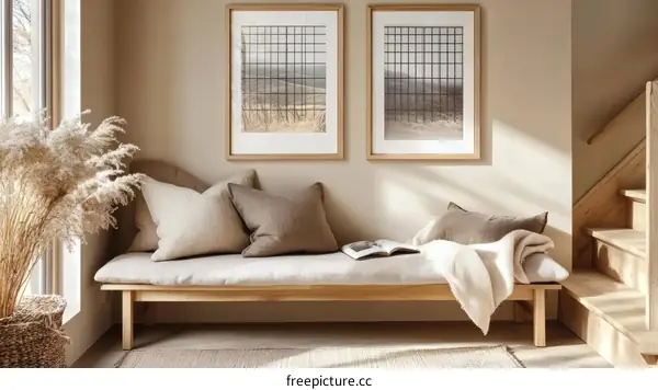 Minimalist Beige Living Room with Wooden Daybed