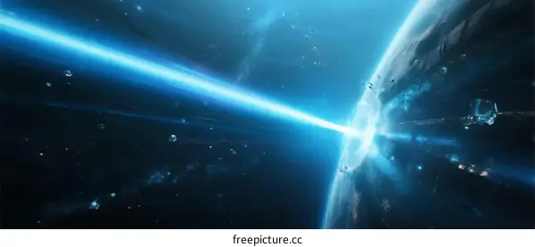 Blue Laser Beam Emanating from Space Over Planet Earth