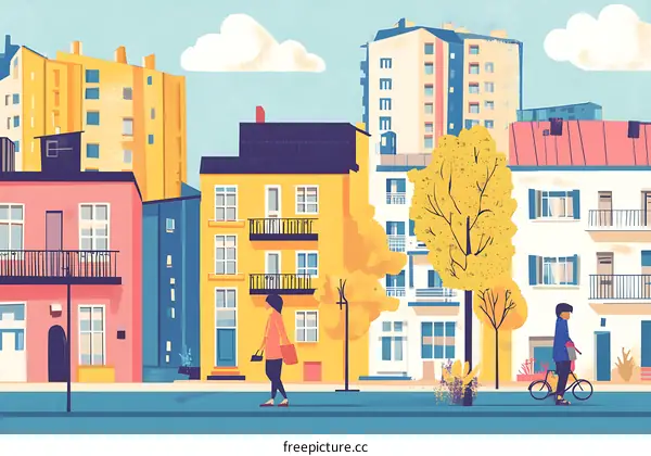 Colorful Cityscape with People Walking and Riding Bicycle