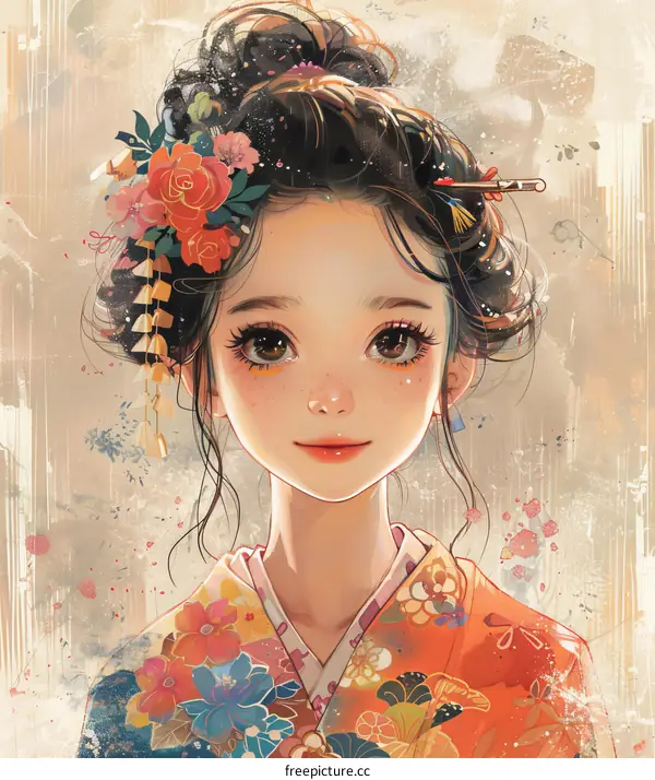 A beautiful Japanese girl in a kimono with a flower in her hair
