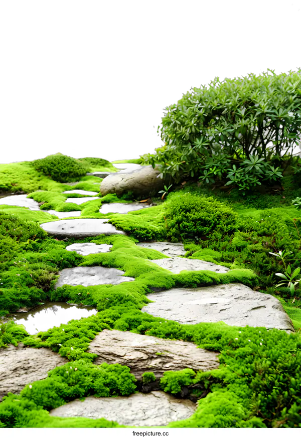 [Transparent Background PNG]Stone Path Through Lush Green Moss Garden