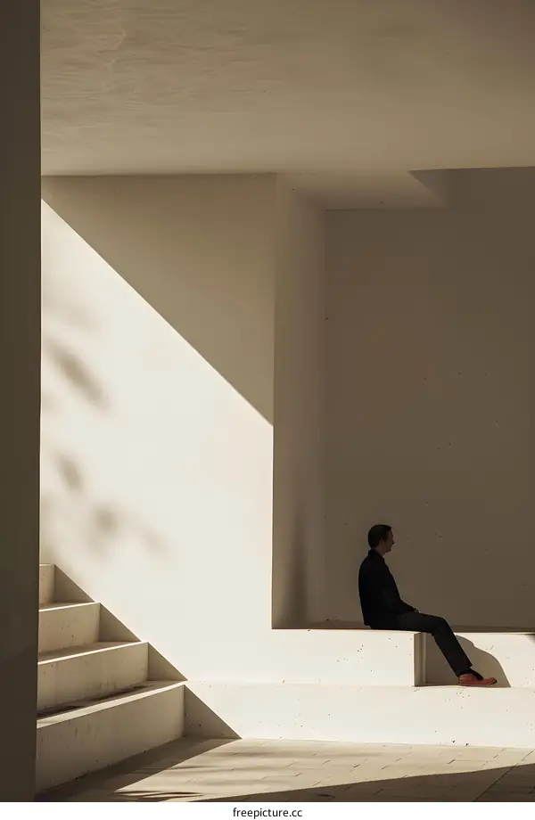 Man Sitting on Concrete Bench in Minimalist Architecture