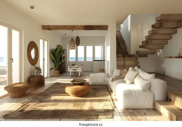 Modern Coastal Living Room Interior Design with Wooden Staircase and Sea View