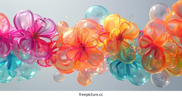 3D rendering of colorful flowers and bubbles