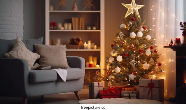 Cozy living room with Christmas tree and presents