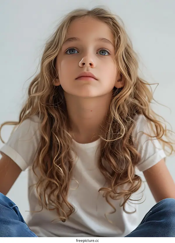 Portrait of a Caucasian Girl with Curly Hair