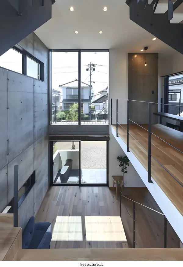Modern Concrete and Wood Interior Design of a Japanese House with Open Staircase