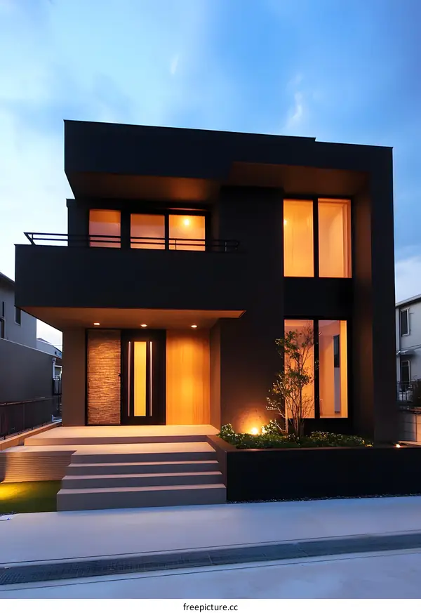 Modern Black House with Illuminated Windows at Dusk