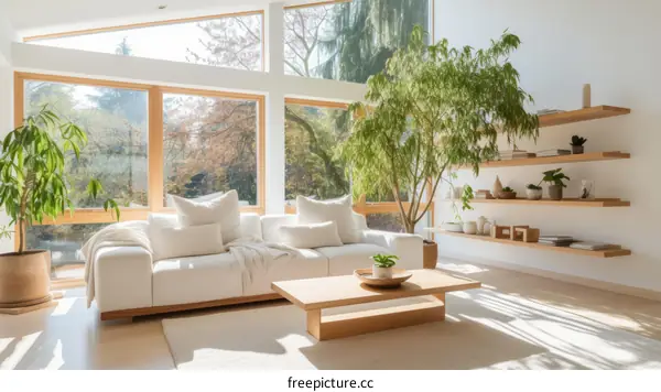 Modern Living Room with Large Tree and Sunlight