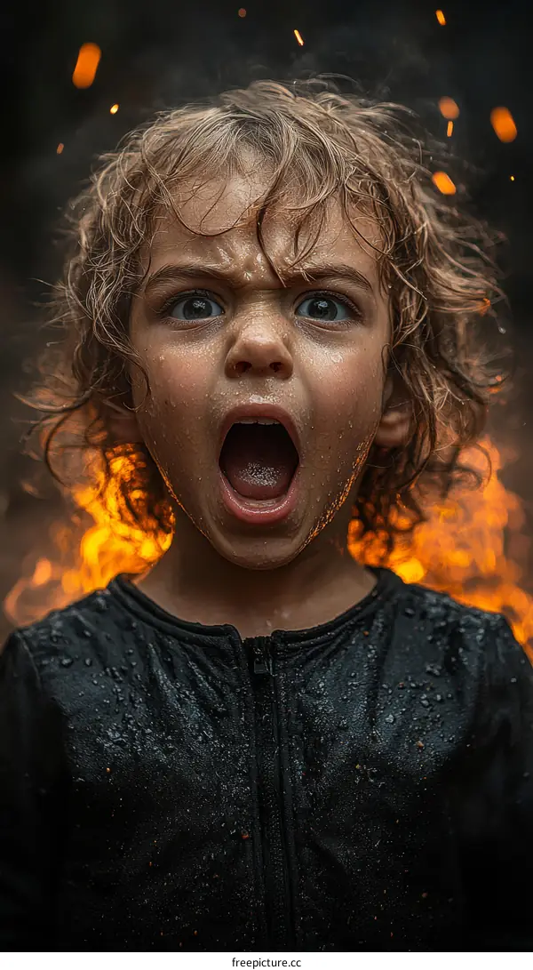 Child Screaming in Fire Portrait Photo