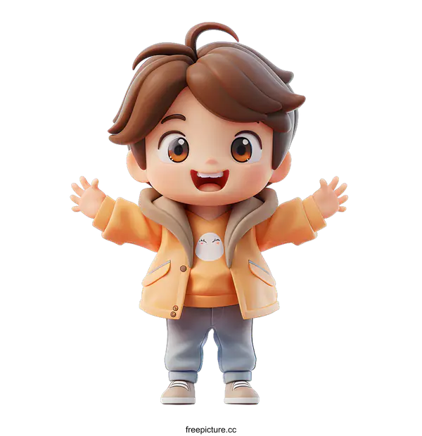 [Transparent Background PNG]A cute 3D cartoon boy with brown hair and brown eyes is wearing a yellow jacket and blue jeans.