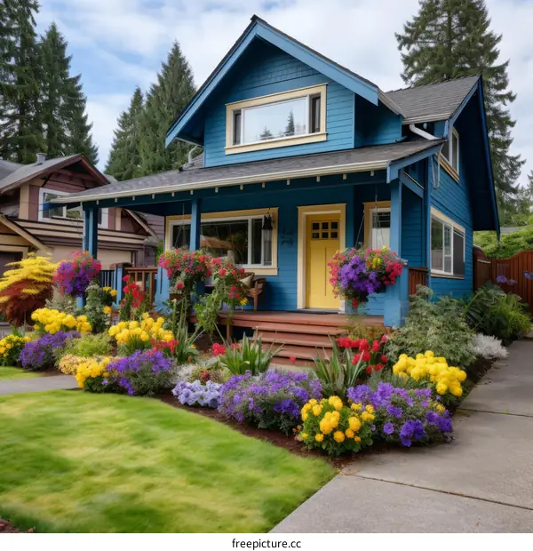 Vibrant Flowers Blooming in Front of a Blue House