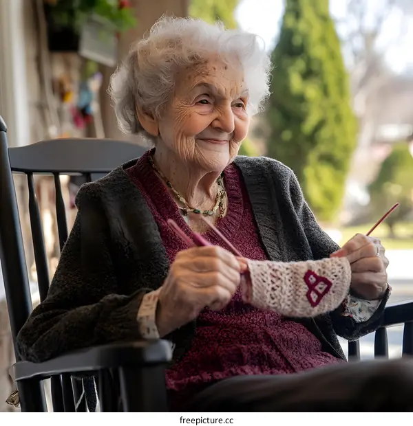 Elderly Woman Knitting on a Rocking Chair in a Porch