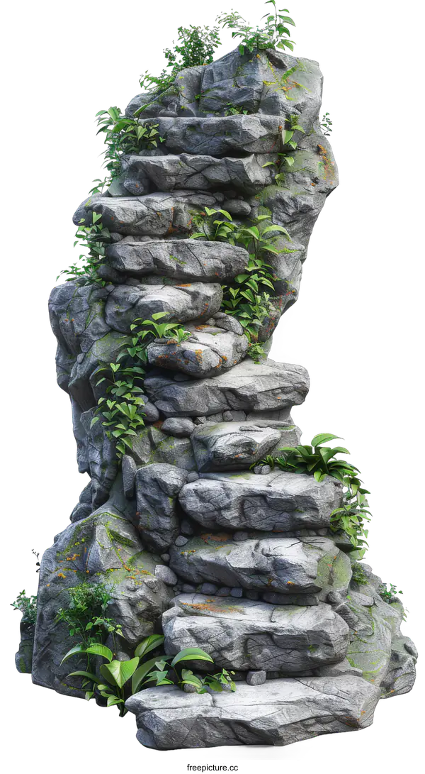 [Transparent Background PNG]Grey rock pillar with green plants growing on the cracks and edges