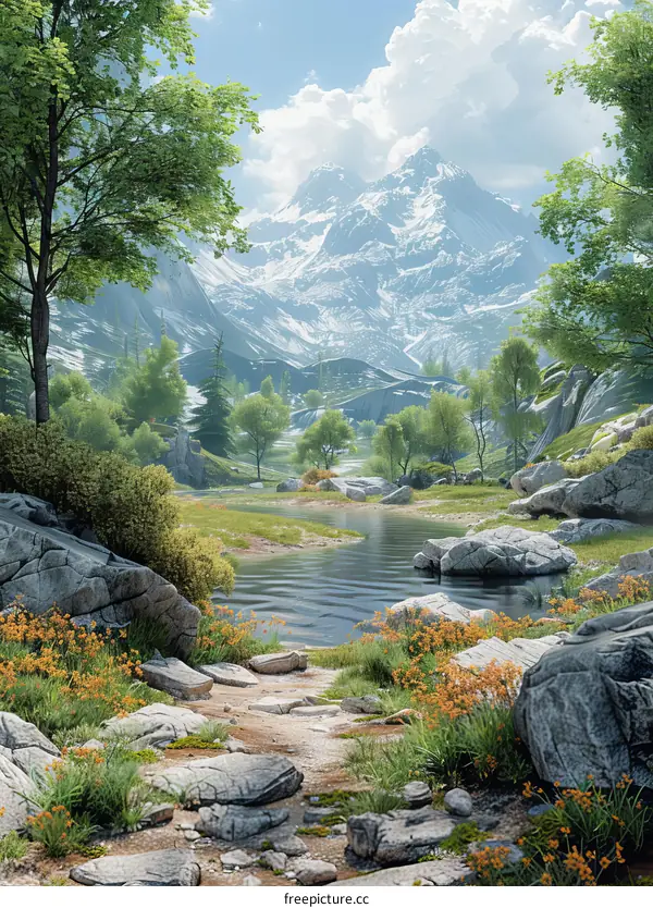 Stunning Mountain Landscape with River and Lush Greenery