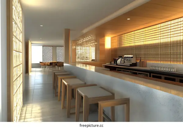 Modern Bar Interior Design with Wooden Details and a Counter with Stools