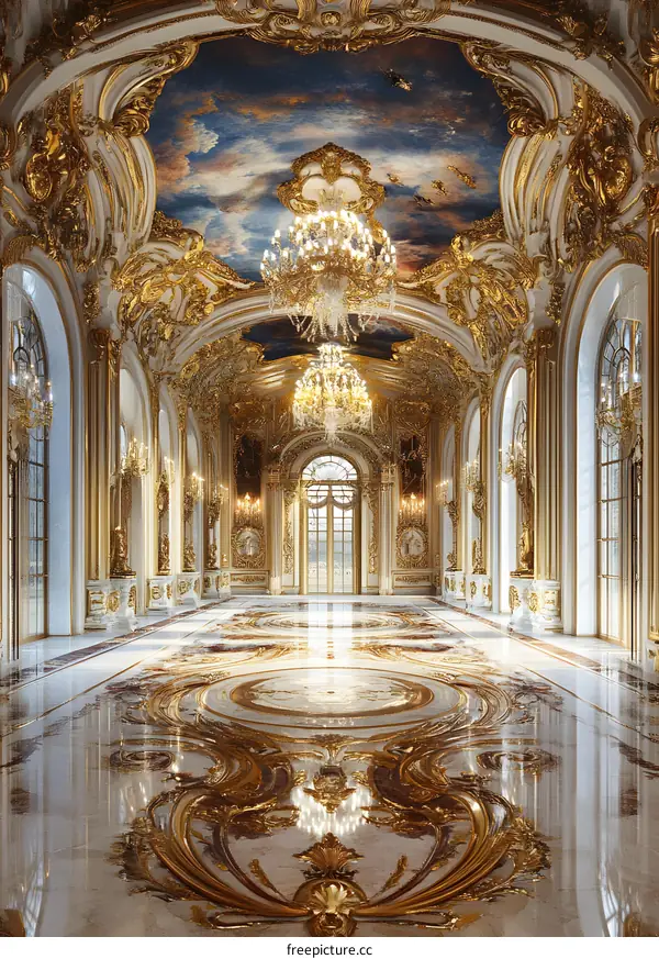 Golden Hallway with Ornate Ceiling and Chandeliers