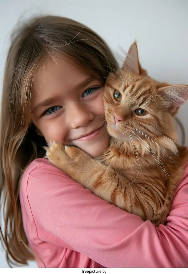 Little girl hugging a ginger cat