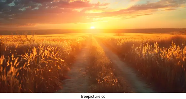 The golden sunset over the endless field