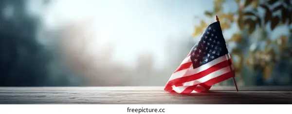 American Flag on Wooden Tabletop Background