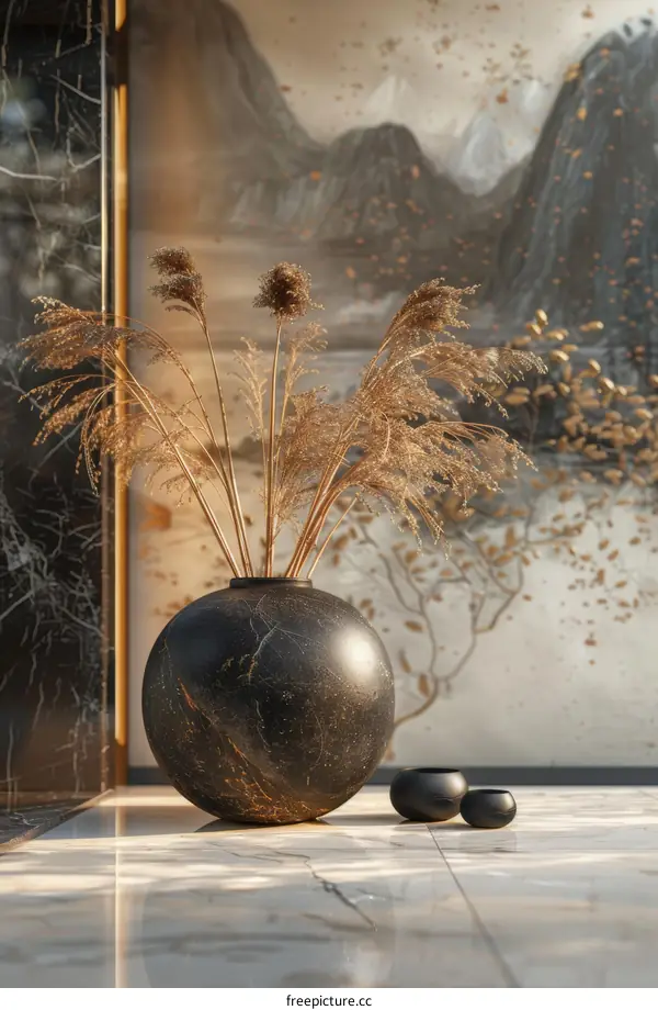 Black vase with beige plants and a small black bowl on the ground with a traditional Chinese painting in the background