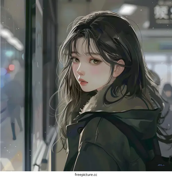 Anime Girl with Brown Hair Looking Back at the Camera