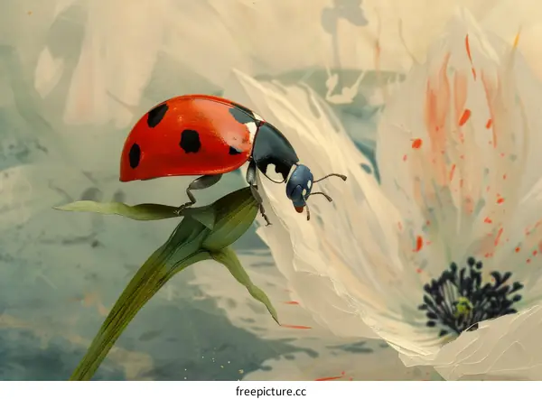 Red Ladybug on Green Leaf Near White Flower