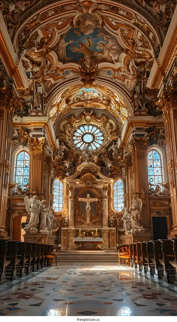 ornate church interior with statues and stained glass windows