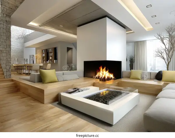 Modern Open-Plan Living Room with Fireplace