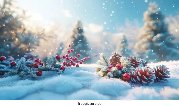 Snow Covered Pine Branches with Berries and Cones