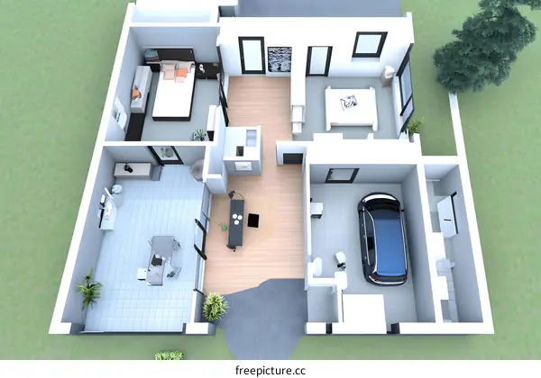 Modern House Floor Plan with Car and Green Lawn