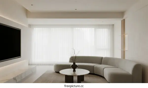 Minimalist Living Room Design with Curved Sofa and Floor-to-Ceiling Windows