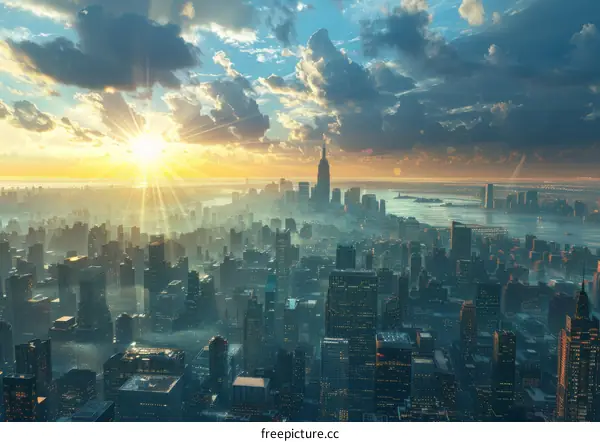 Aerial View of City Skyline at Sunset