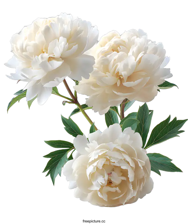 [Transparent Background PNG]Three white peony flowers with green leaves on a white background