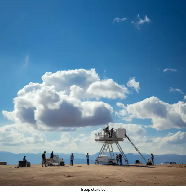 A group of people are standing on a desert filming a movie