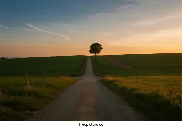 A solitary tree standing at the end of a rural dirt road under a colorful sky
