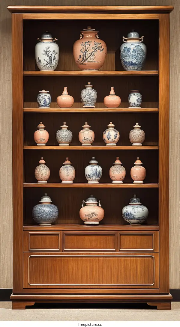 Elegant Wooden Display Cabinet with Porcelain Vases