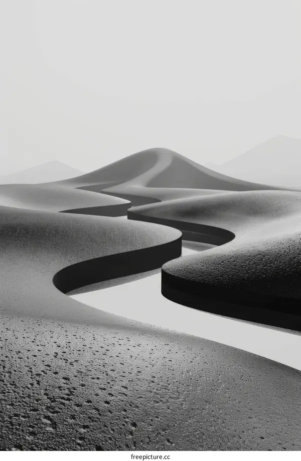 Black and white image of a winding river through sand dunes