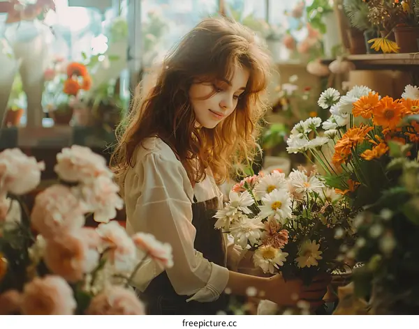 Young woman arranging flowers in a flower shop