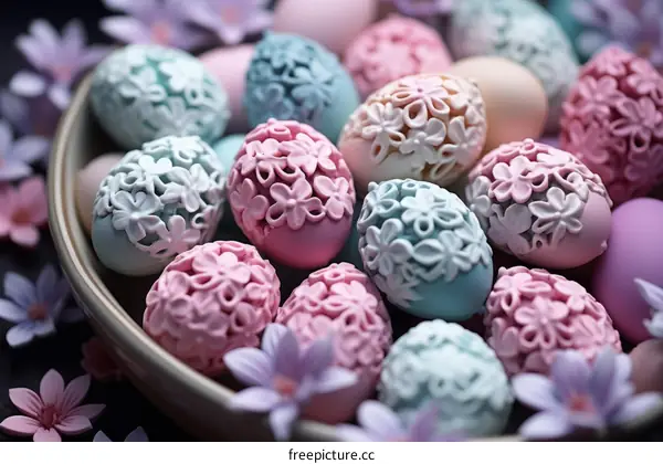 A bowl of decorated Easter eggs