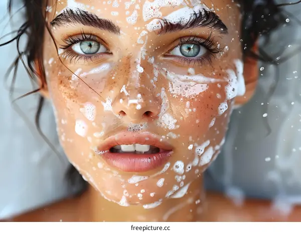 Close-up portrait of a young woman with wet hair and face covered in soap suds