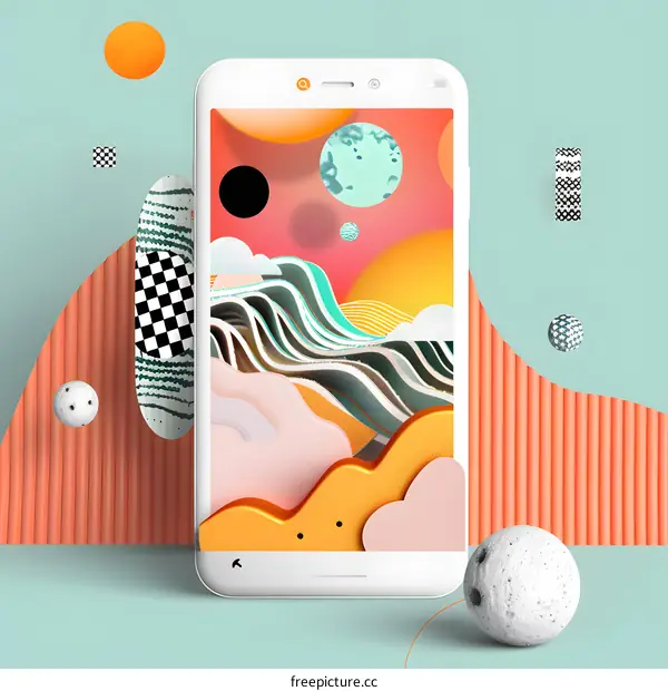 Abstract 3D Phone Screen Illustration with Colorful Geometric Shapes and Landscape Design