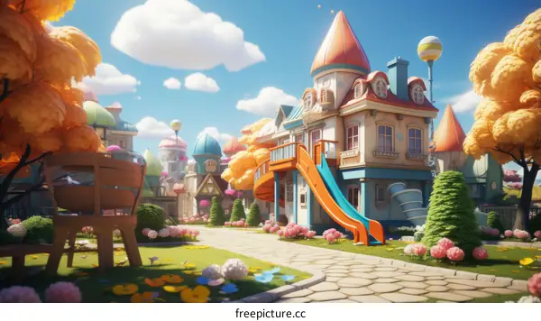A colorful cartoon village with a playground and a bench
