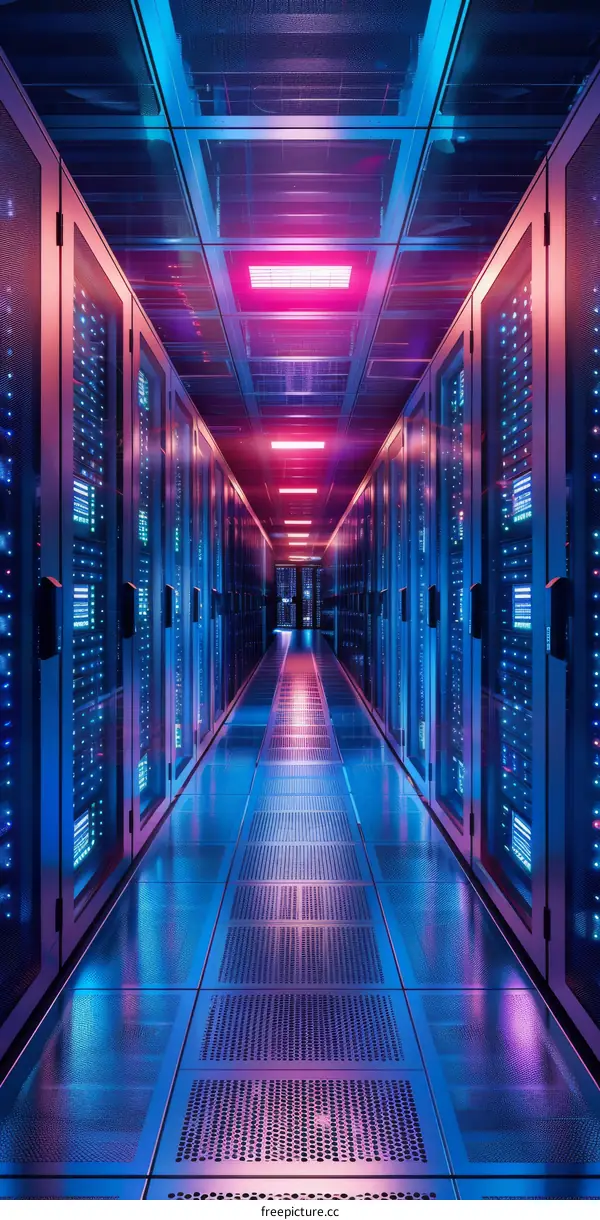 Server room with blue and pink neon lights