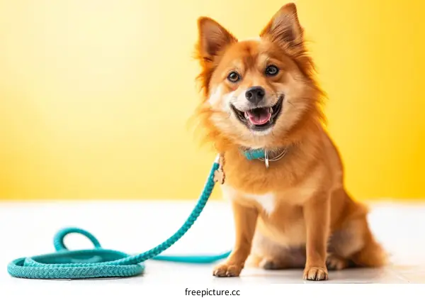 Happy dog sitting on the floor with a blue leash
