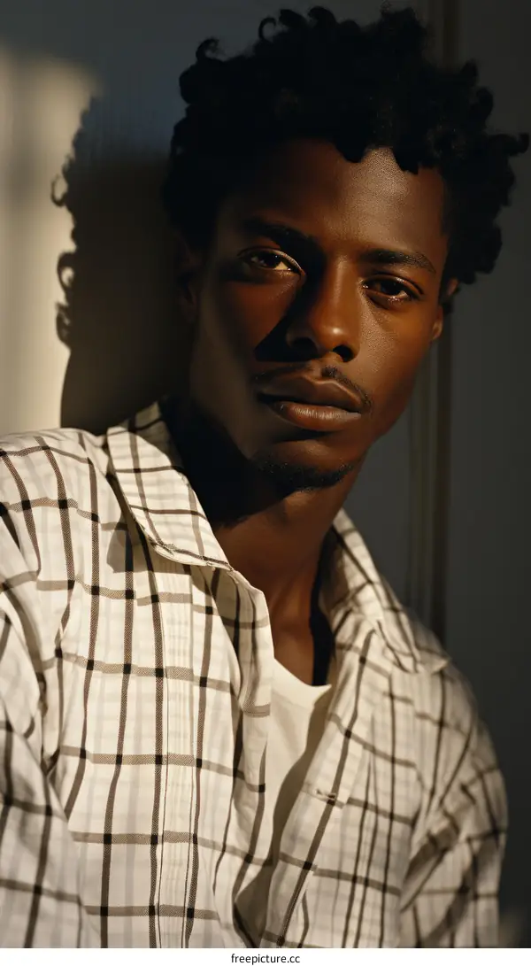 Portrait of a young African-American man with curly hair wearing a white shirt