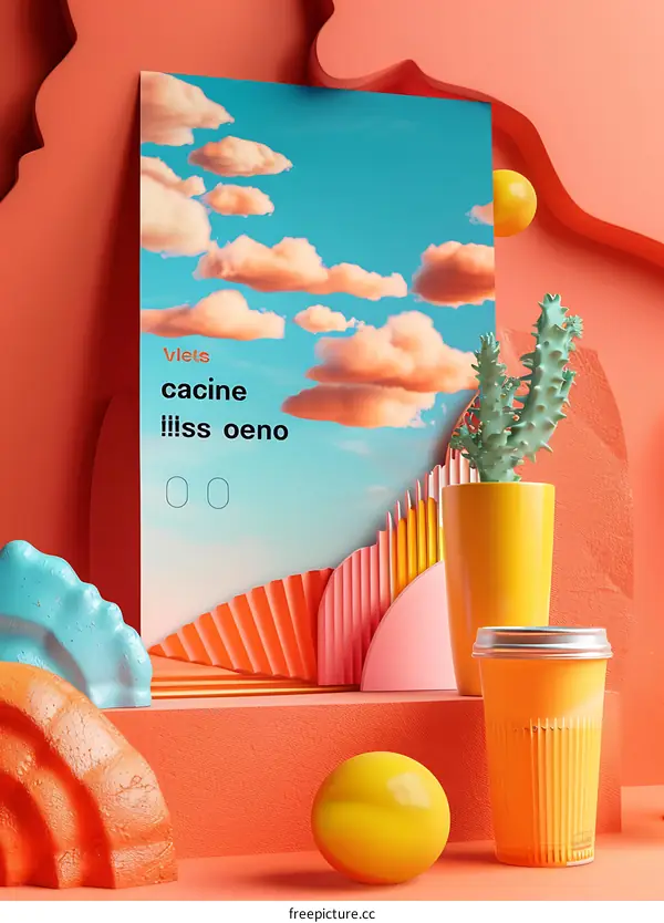 Abstract Colorful 3D Rendered Poster Design with Clouds and Cactus