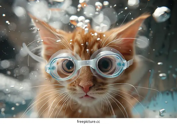 A ginger cat wearing swimming goggles is swimming underwater
