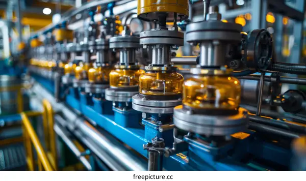 Industrial Equipment with Yellow Pressure Gauges Close-up