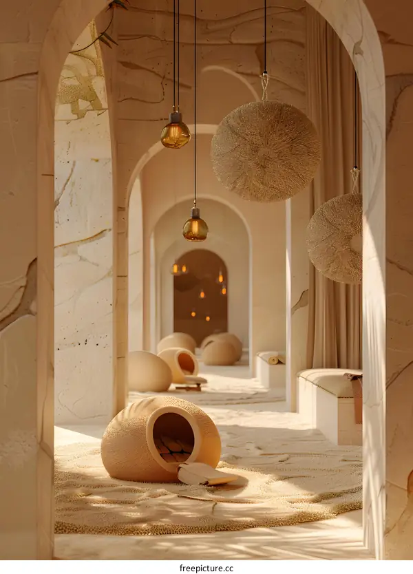 Minimalist Interior Design with Round Woven Light Fixtures and Egg Shaped Chairs